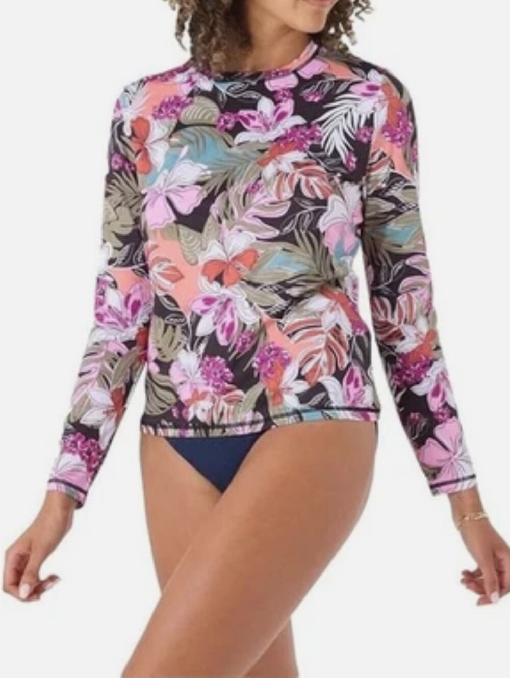 Roxy Swim Tropical Floral Long Sleeve Rash Guard Top in Pink, Coral, Teal, Olive